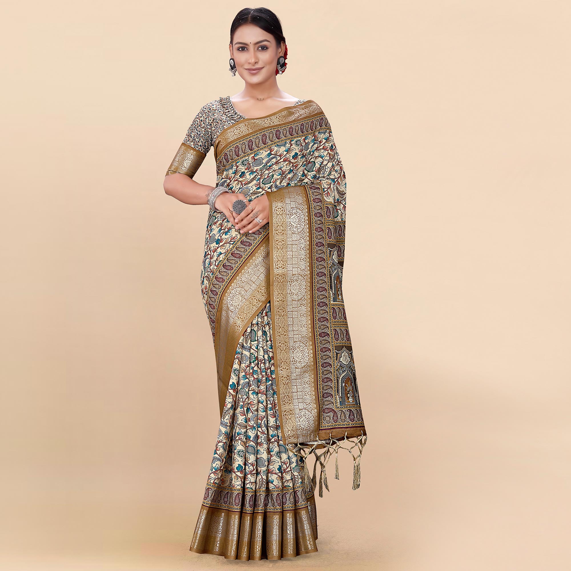 Cream Floral Digital Printed Pure Cotton Saree