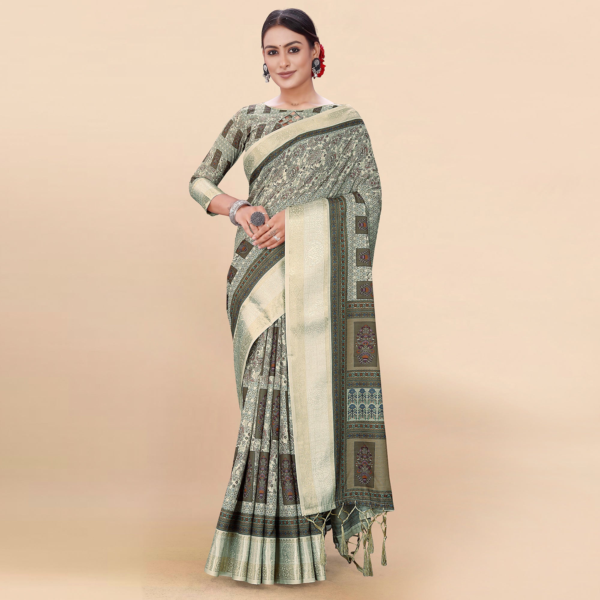 Light Green Floral Digital Printed Pure Cotton Saree