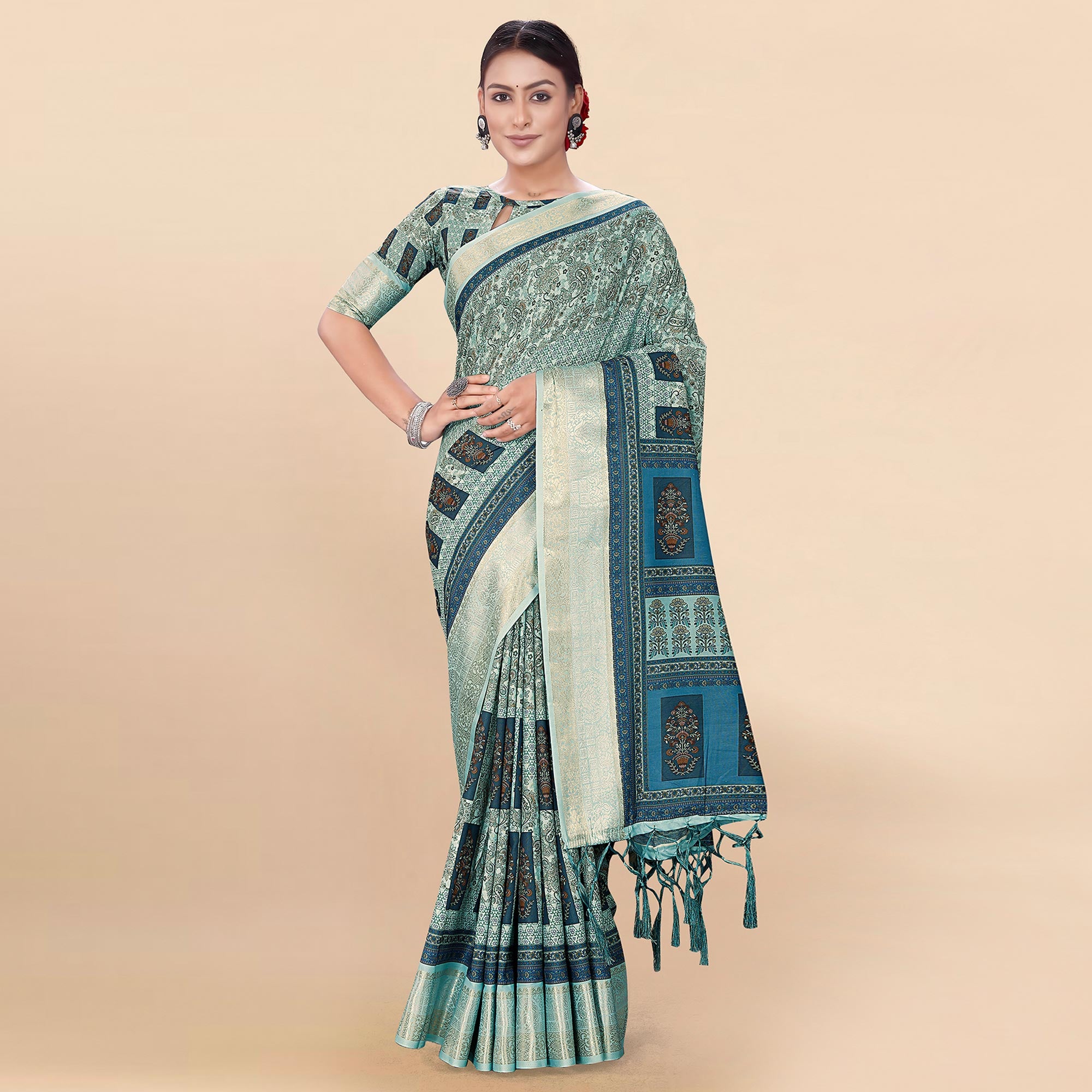 Light Pista Green Floral Digital Printed Pure Cotton Saree