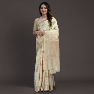 Cream Floral Woven Raw Silk Saree