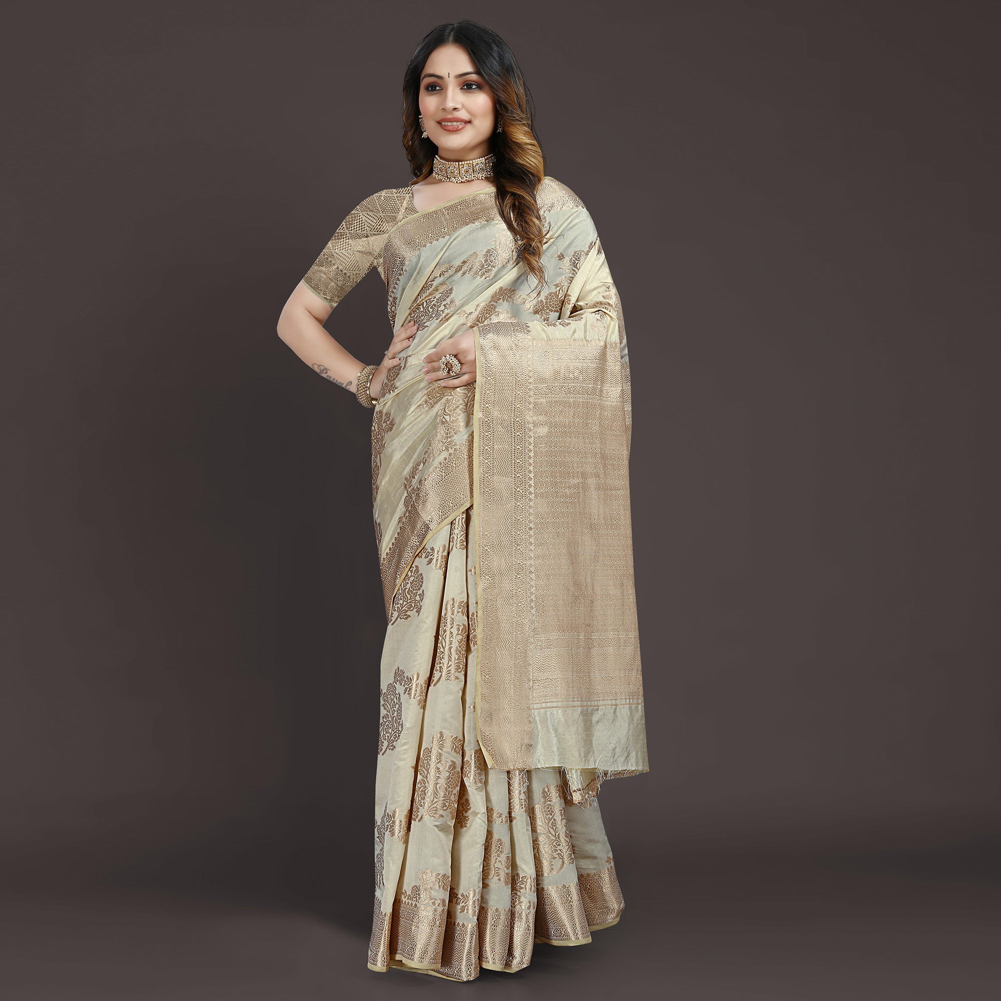 Cream Floral Woven Raw Silk Saree