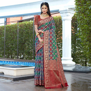 Blue Floral Woven Art Silk Saree