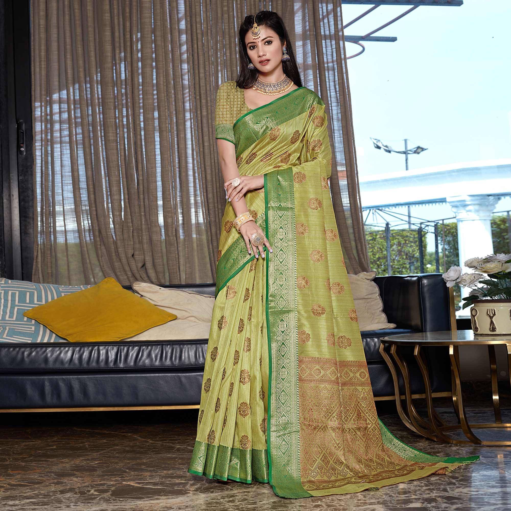 Green Floral Woven Cotton Blend Saree