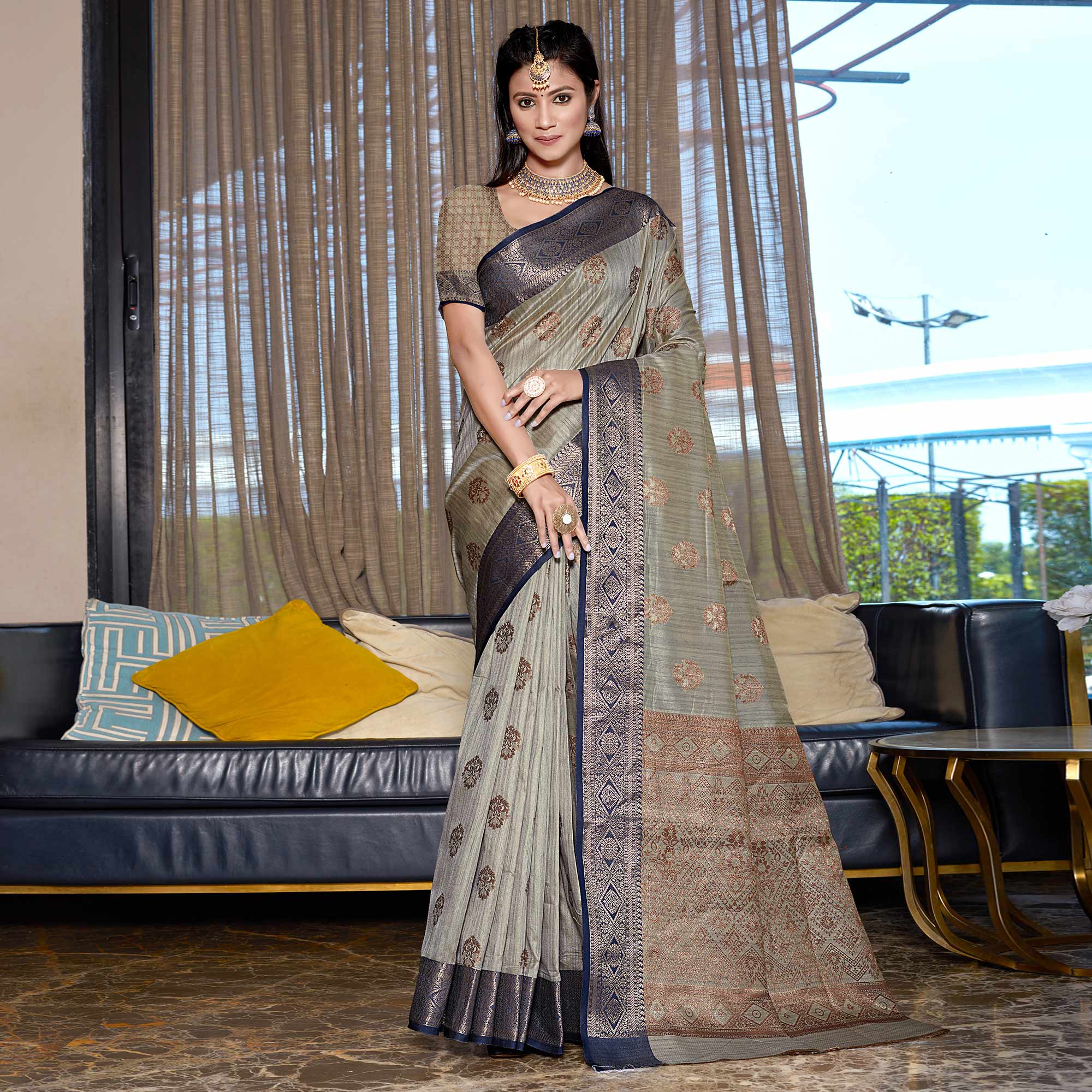 Grey Floral Woven Cotton Blend Saree