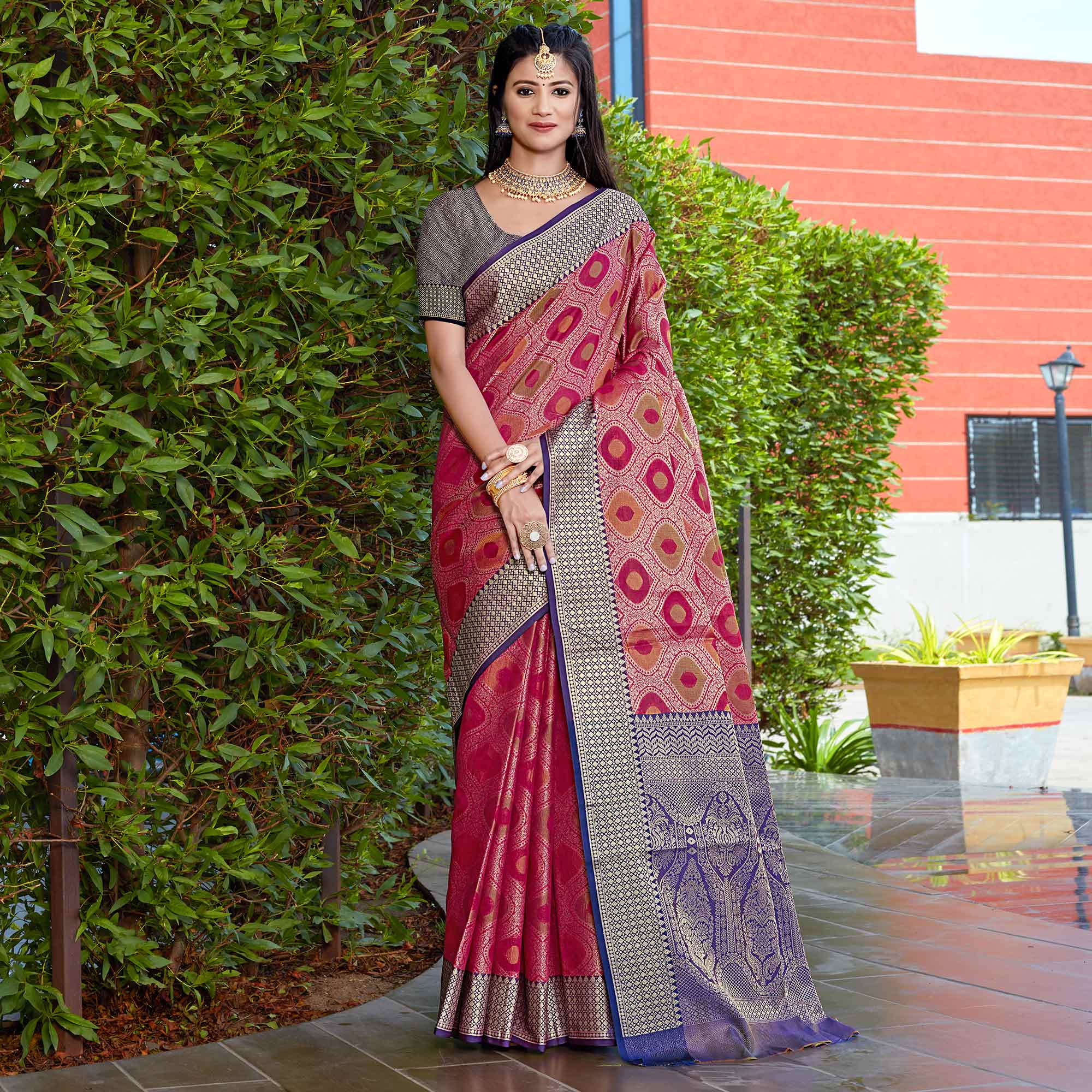 Rani Pink Woven Art Silk Saree