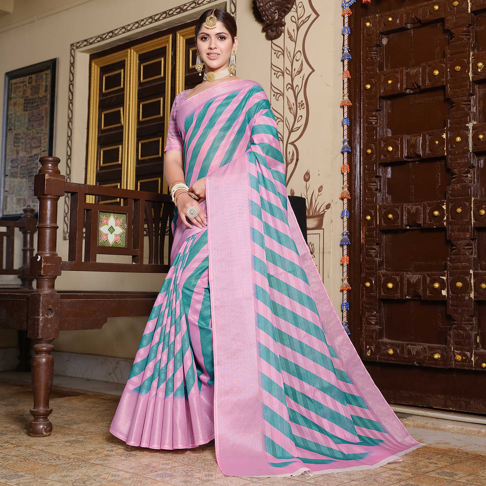 Baby Pink Printed Pure Cotton Saree