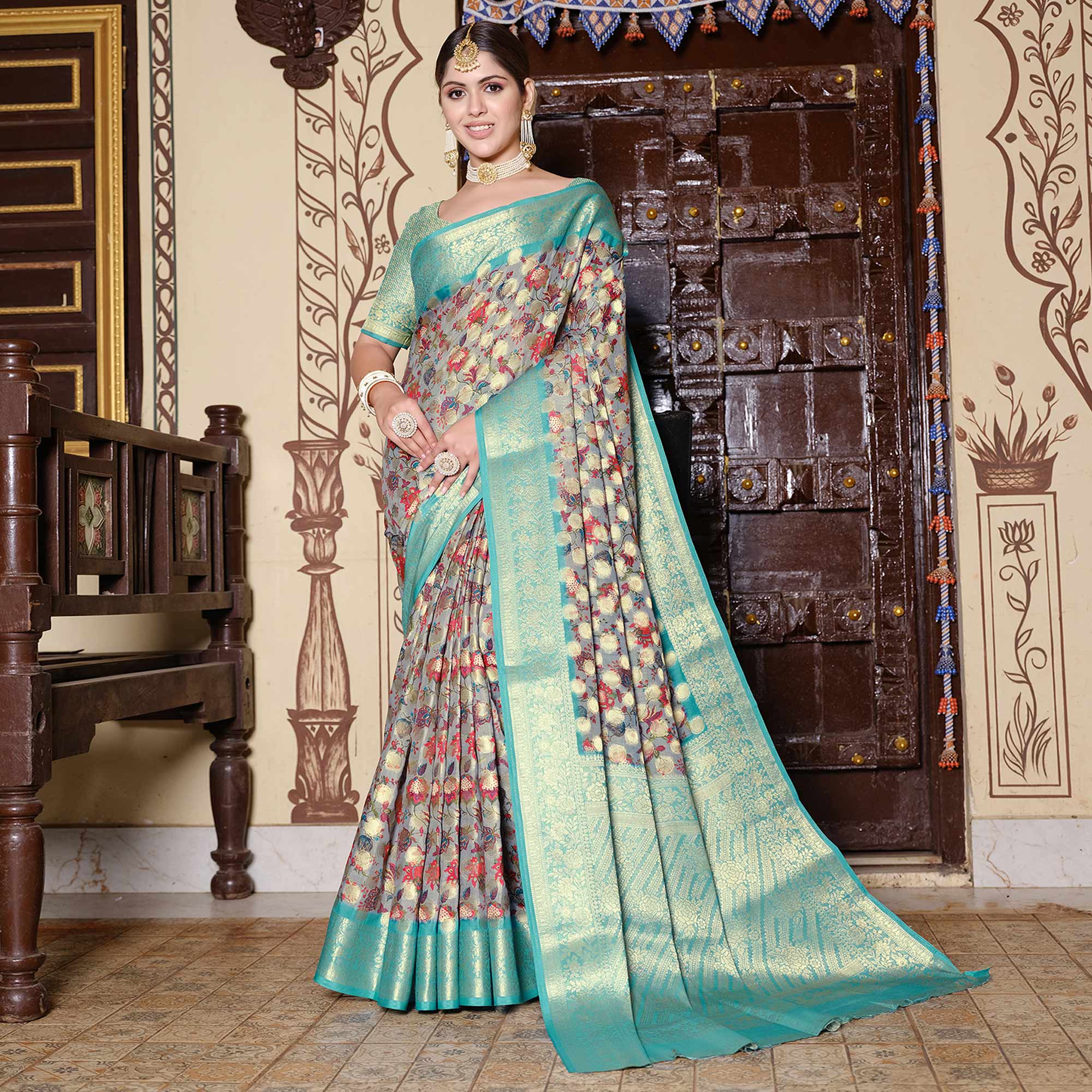 Grey & Turquoise Floral Printed Pure Cotton Saree