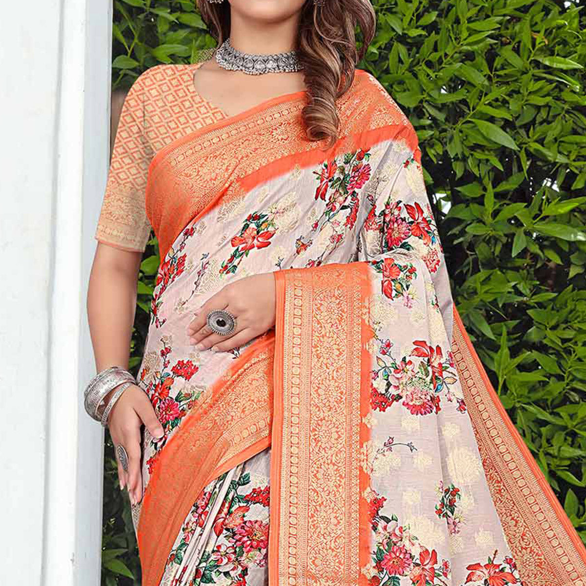 Light Purple & Orange Floral Printed Pure Cotton Saree