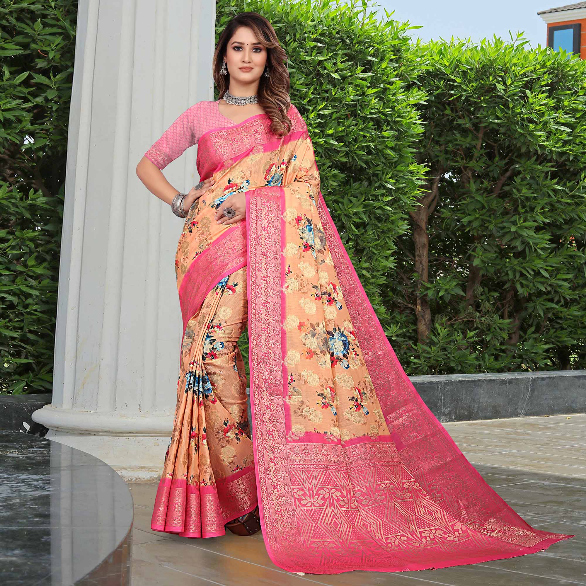 Orange & Pink Floral Printed Pure Cotton Saree