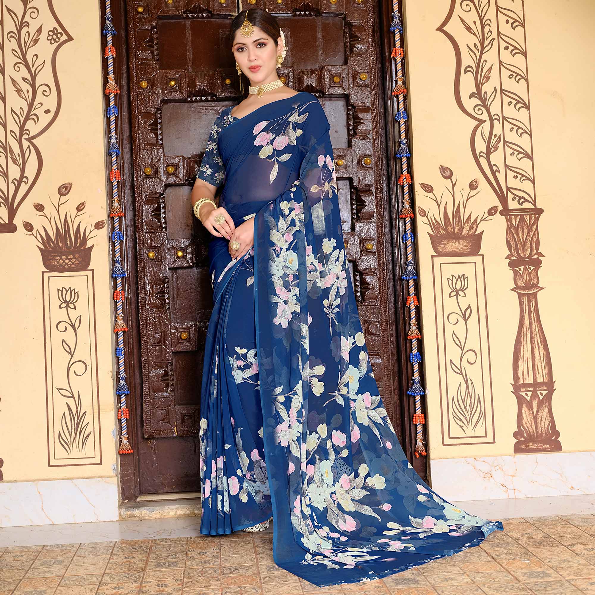 Blue Floral Digital Printed Georgette Saree