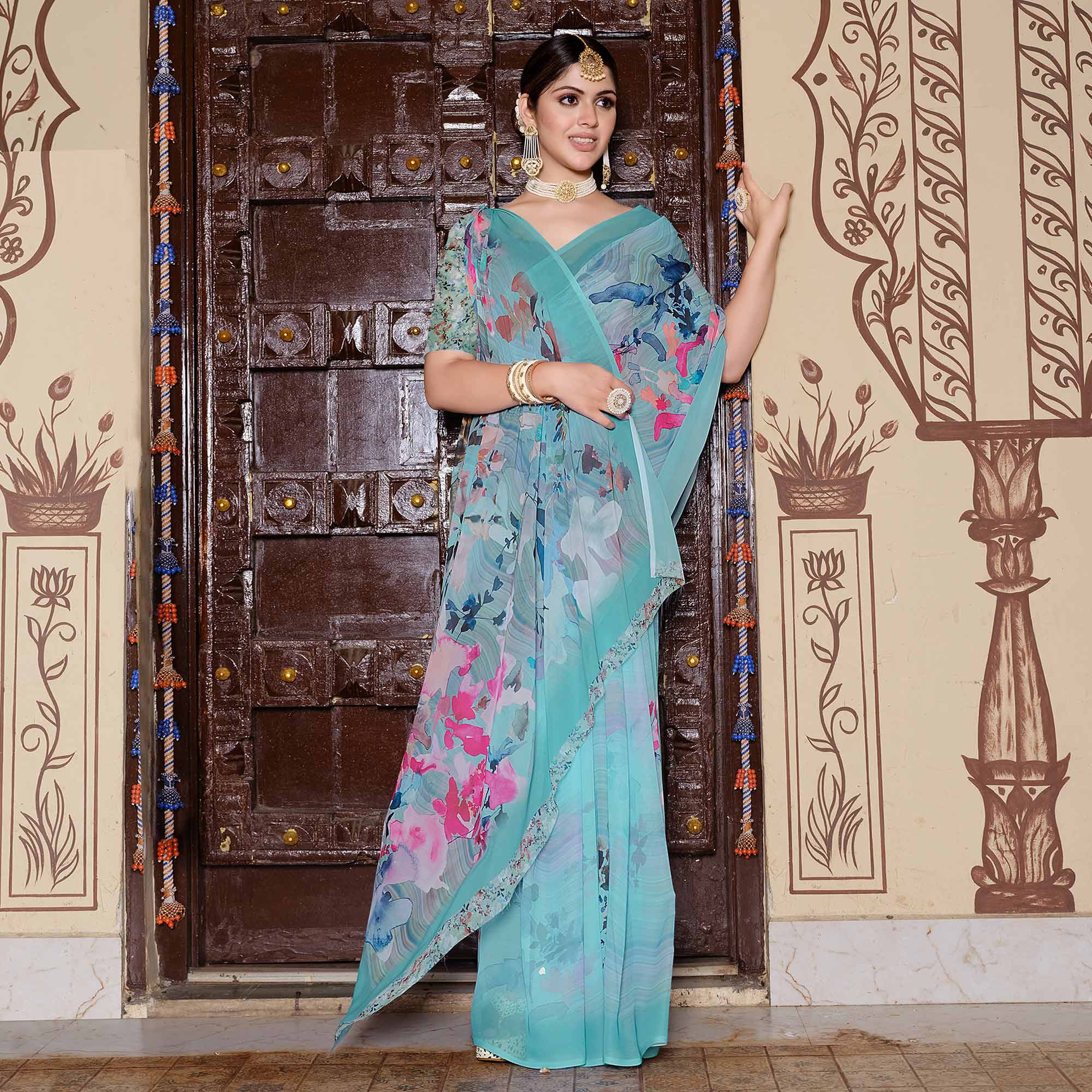 Turquoise Floral Digital Printed Georgette Saree