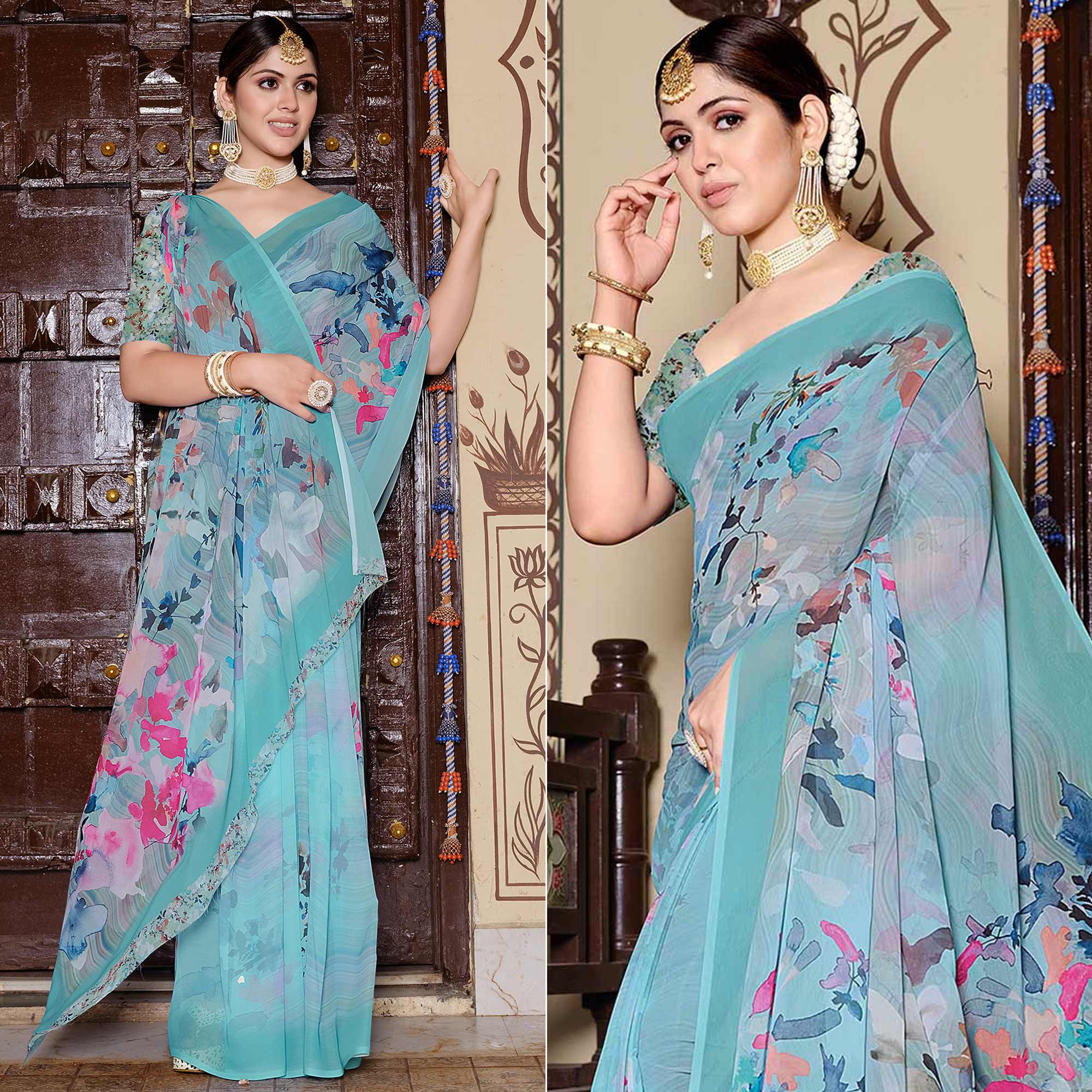 Turquoise Floral Digital Printed Georgette Saree