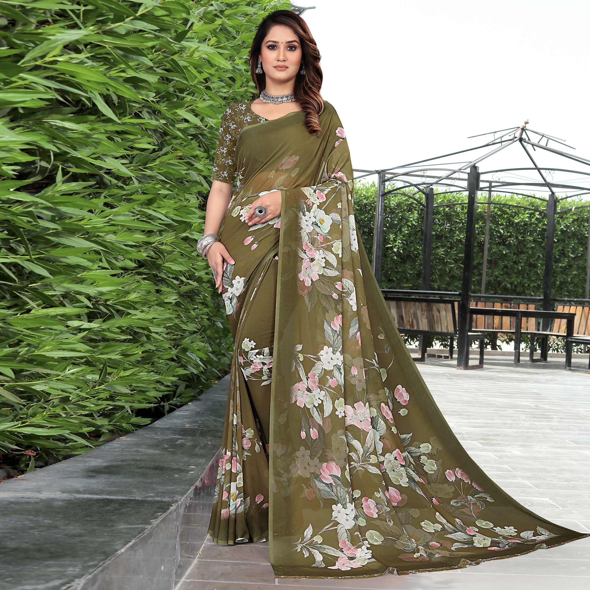 Mehandi Green Floral Digital Printed Georgette Saree