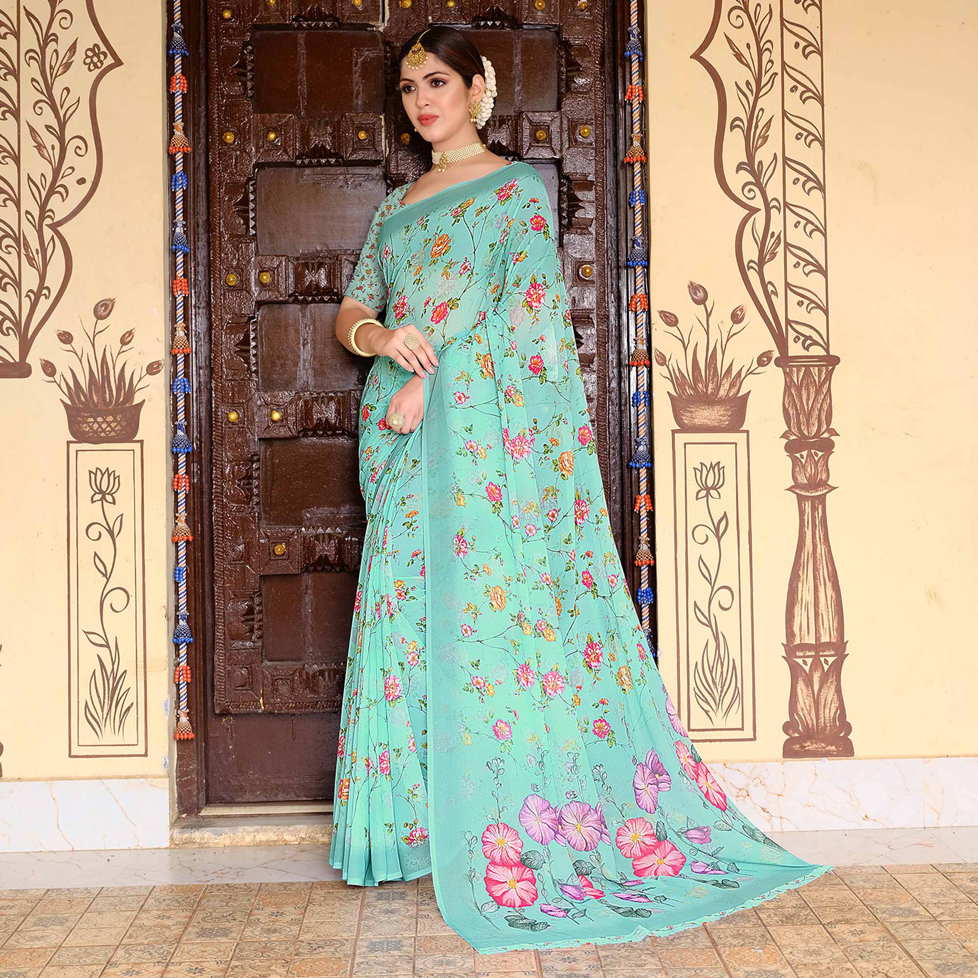 Turquoise Floral Digital Printed Georgette Saree