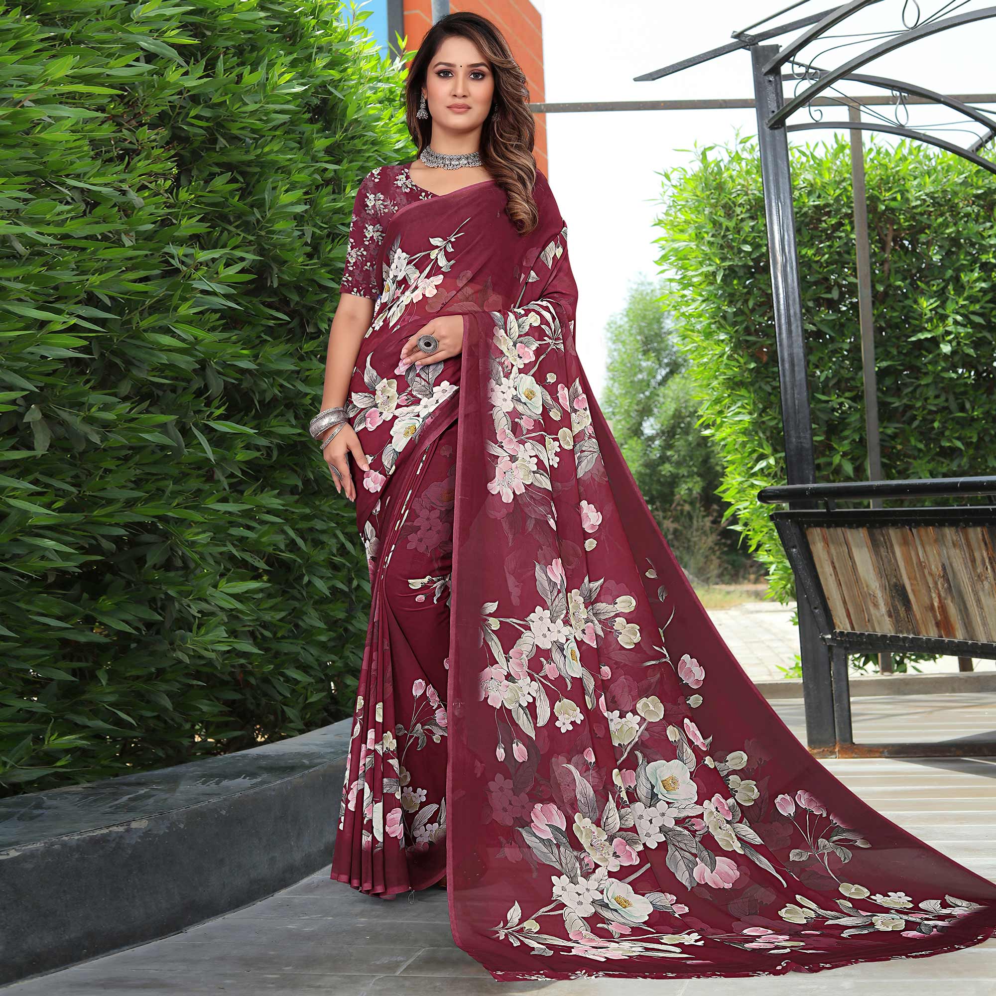 Maroon Floral Digital Printed Georgette Saree