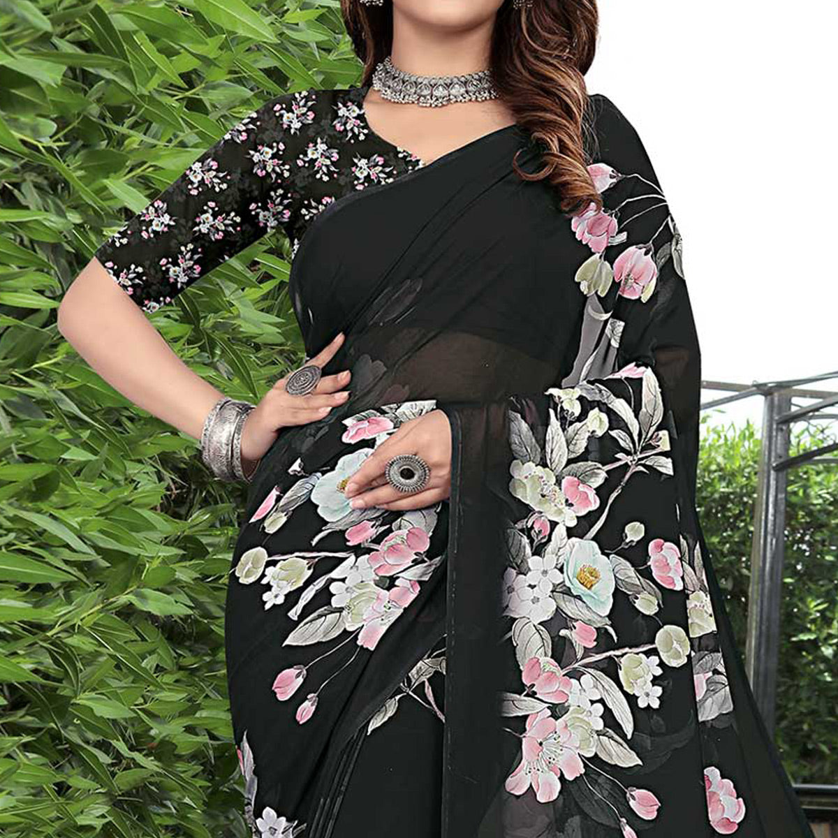 Black Floral Digital Printed Georgette Saree