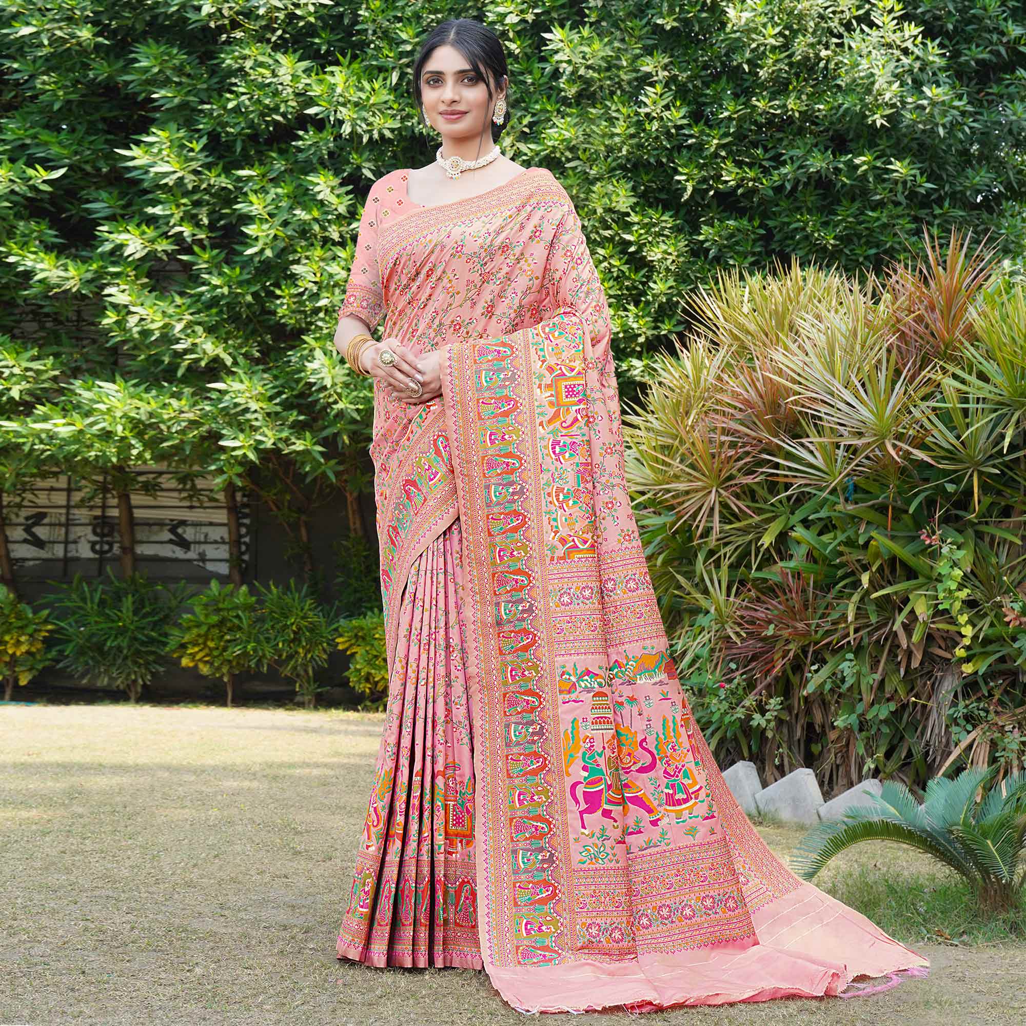 Pink Floral Purple Woven Pure Silk Saree