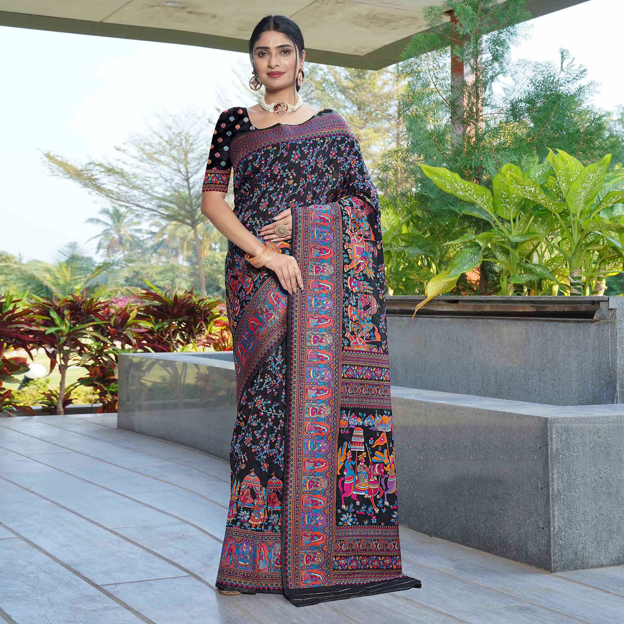 Black Floral Purple Woven Pure Silk Saree