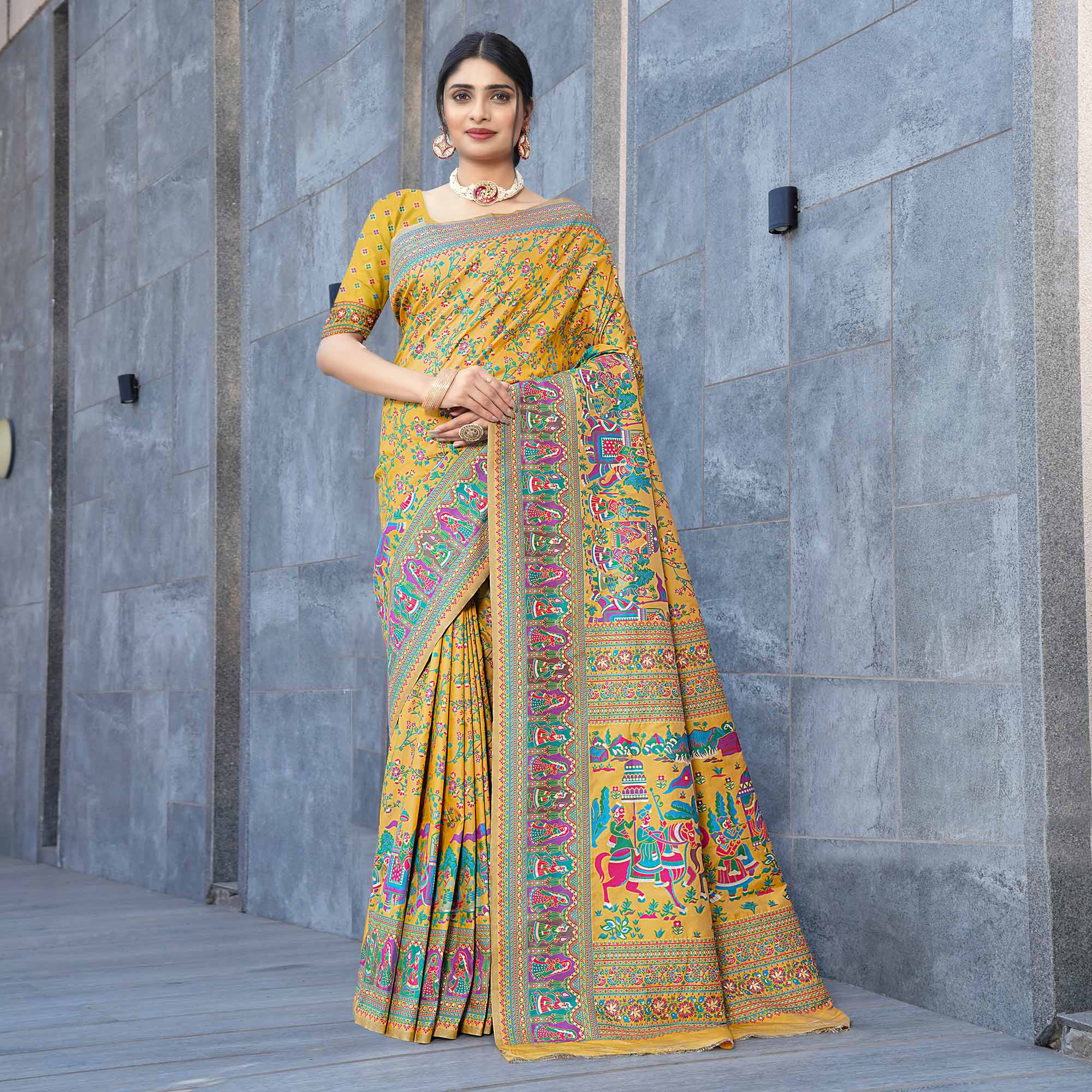 Mustard Floral Purple Woven Pure Silk Saree