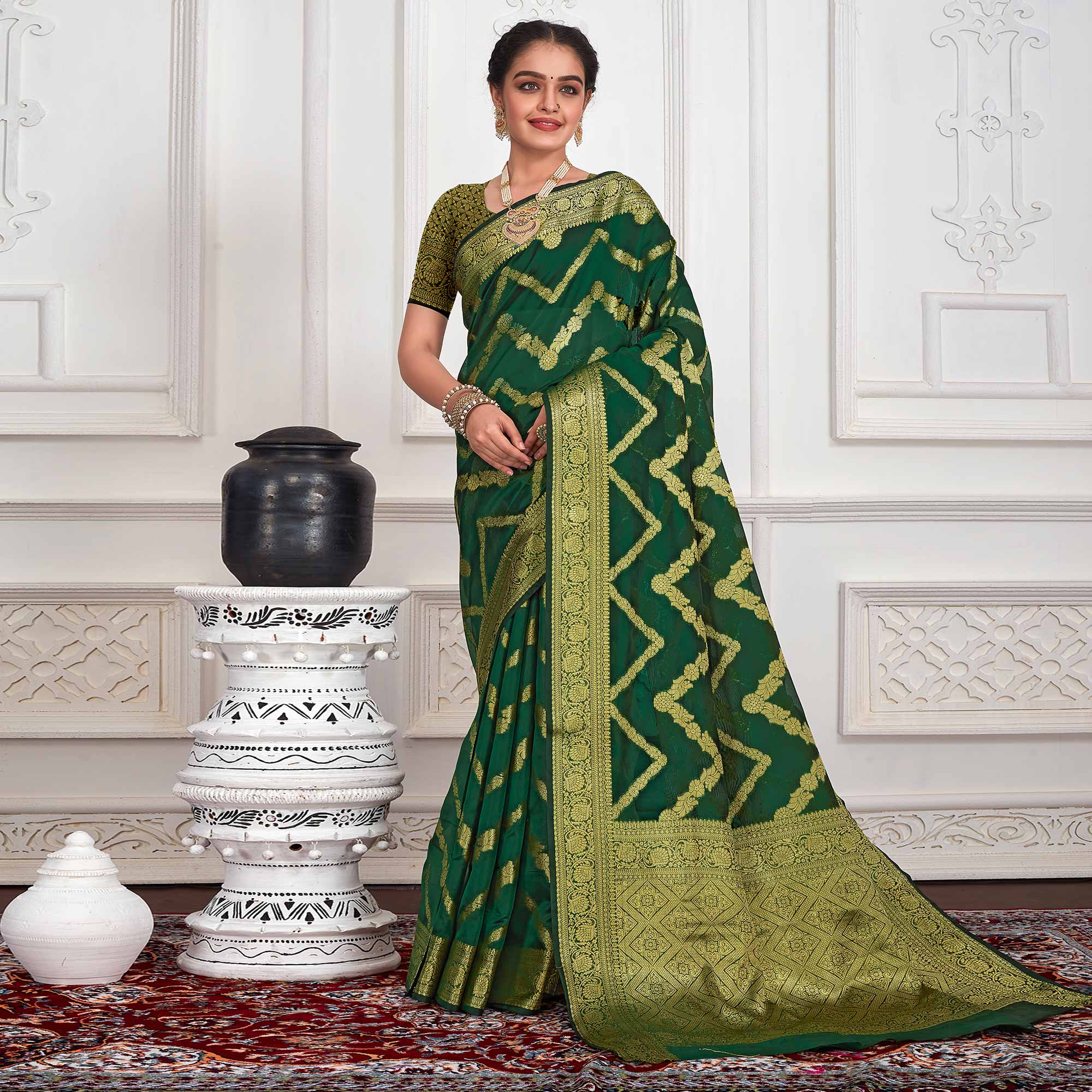 Green Floral Woven Organza Saree