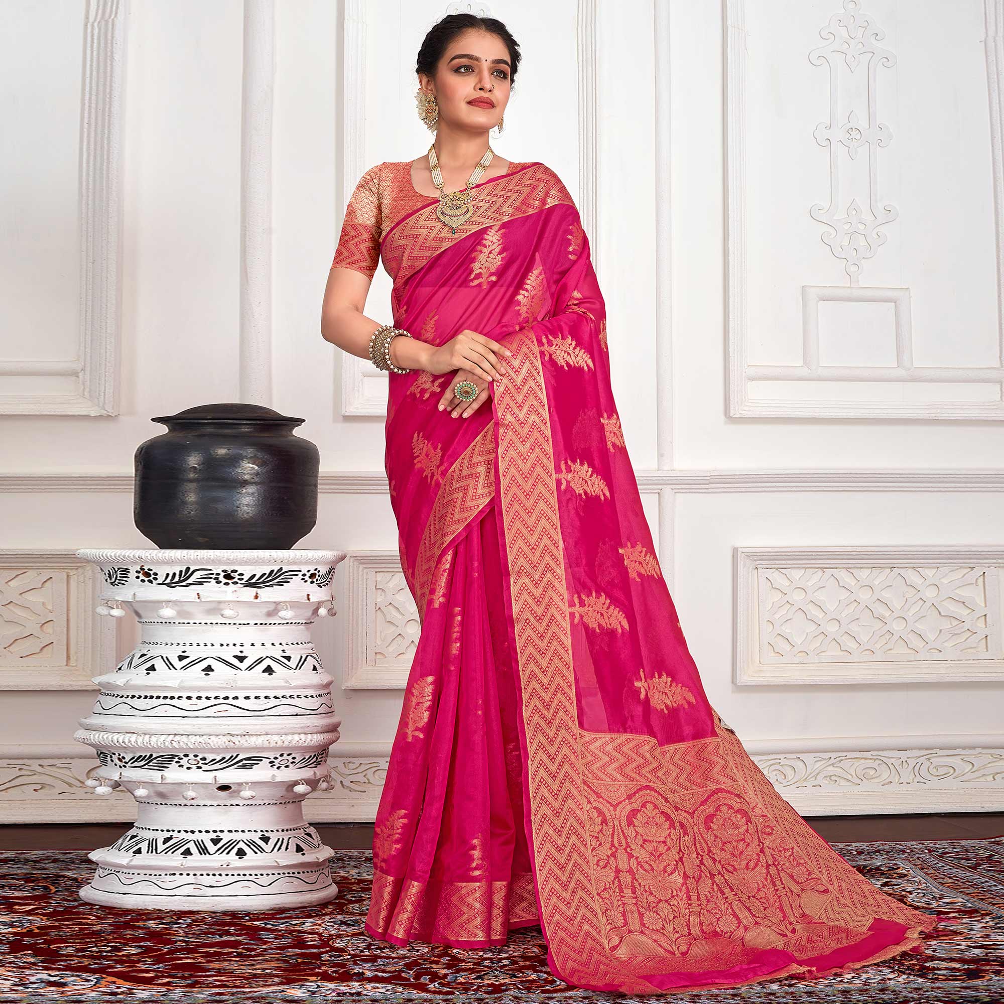 Rani Pink Floral Woven Organza Saree