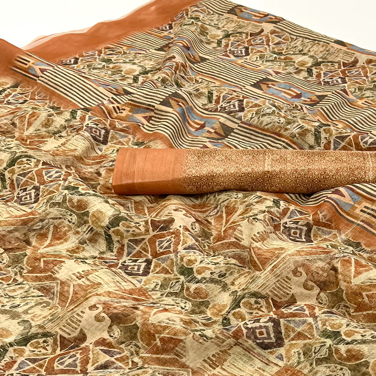 Cream & Peach Digital Printed Cotton Blend Saree