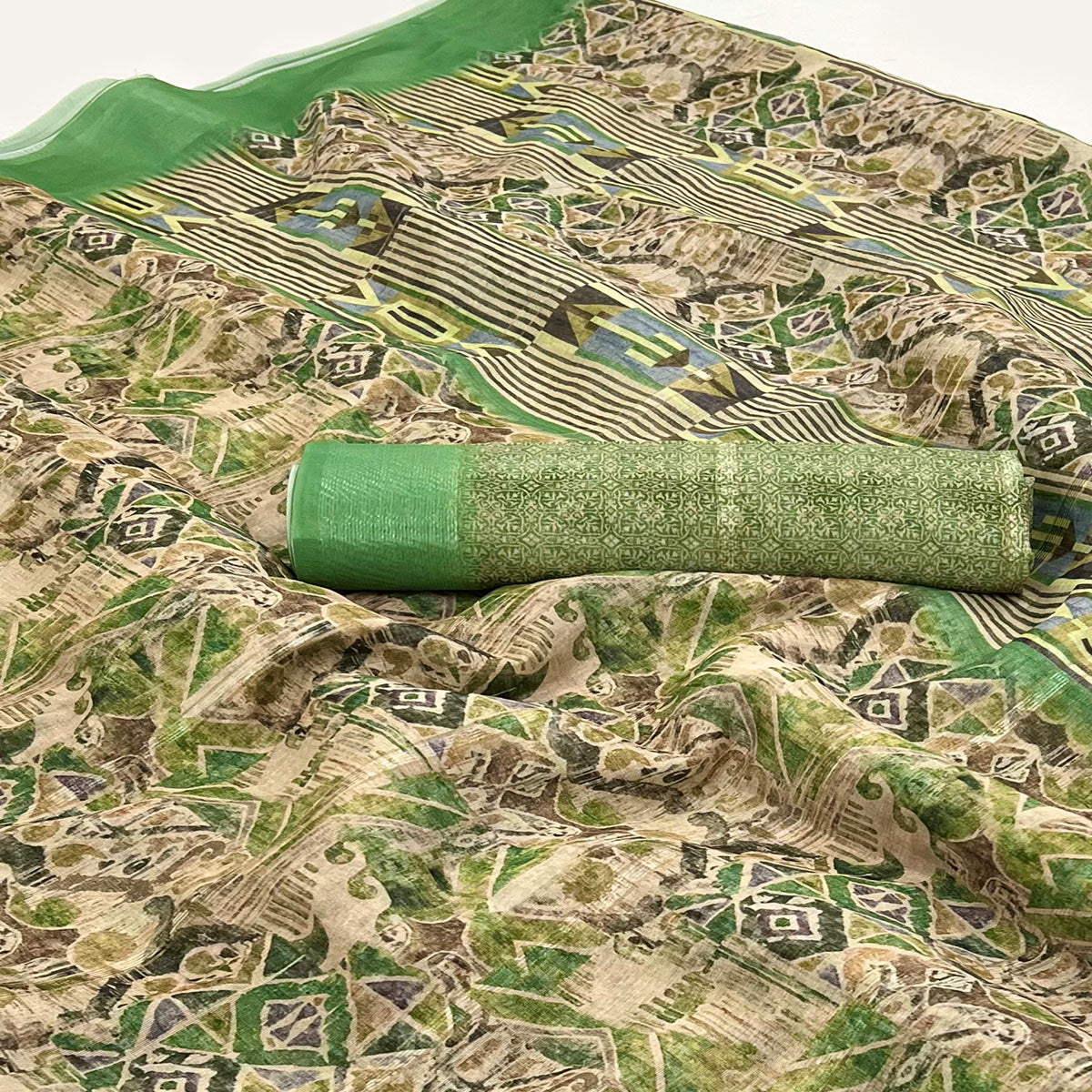 Cream & Green Digital Printed Cotton Blend Saree