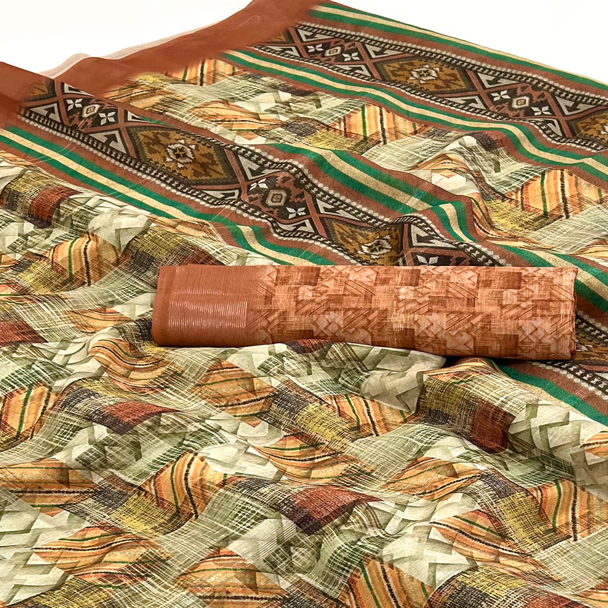 Brown Digital Printed Cotton Blend Saree