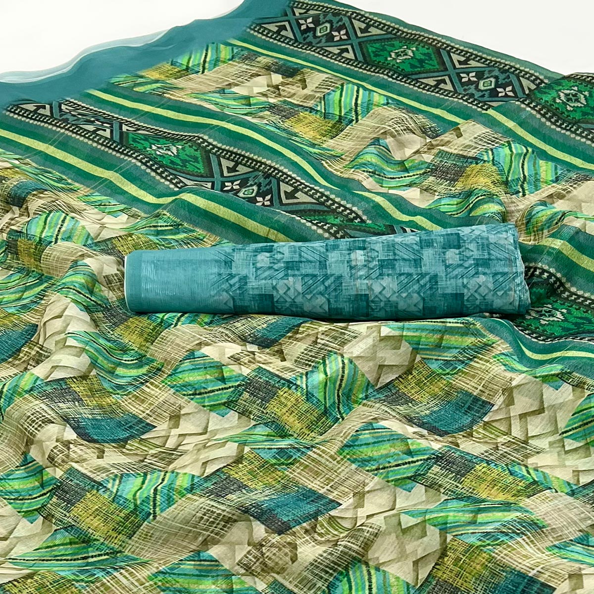 Green & Blue Digital Printed Cotton Blend Saree