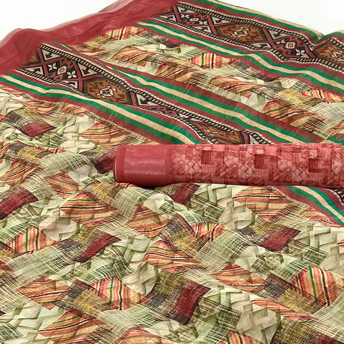 Rust Digital Printed Cotton Blend Saree