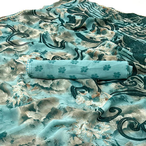 Turquoise Floral Printed Georgette Saree