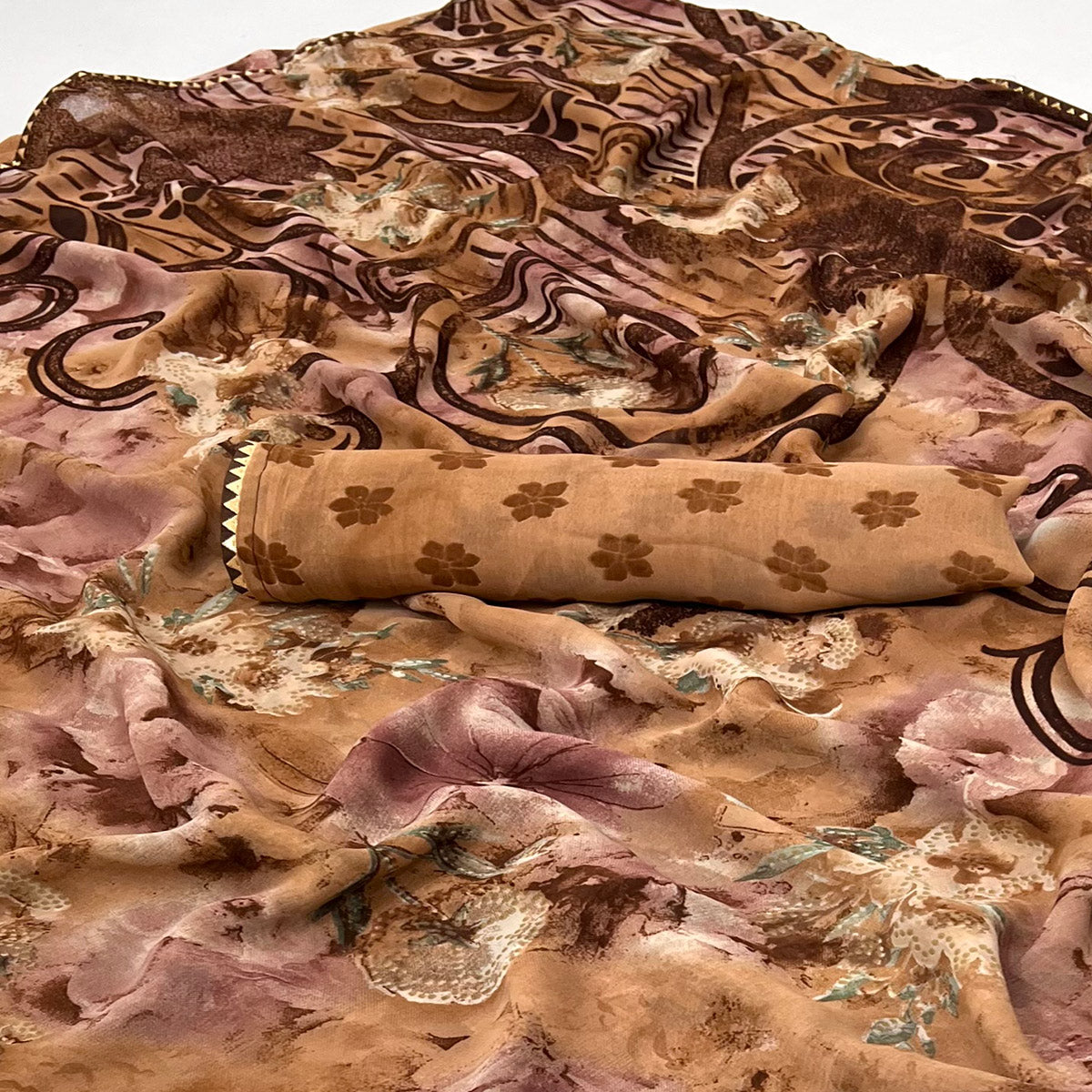 Brown Floral Printed Georgette Saree