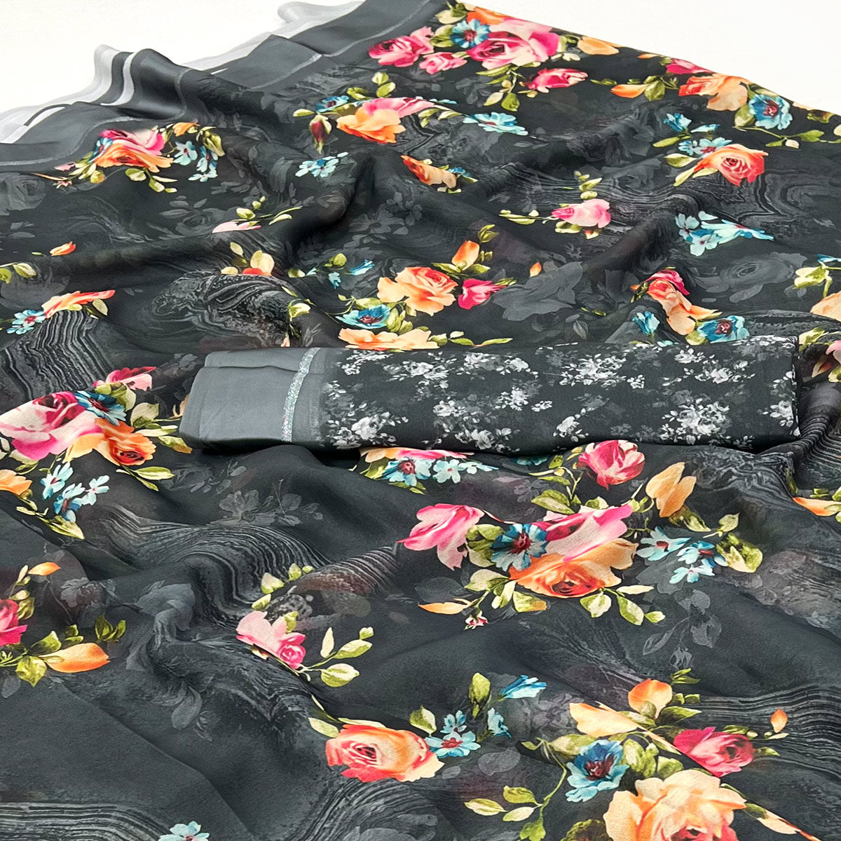 Grey Digital Printed Georgette Saree