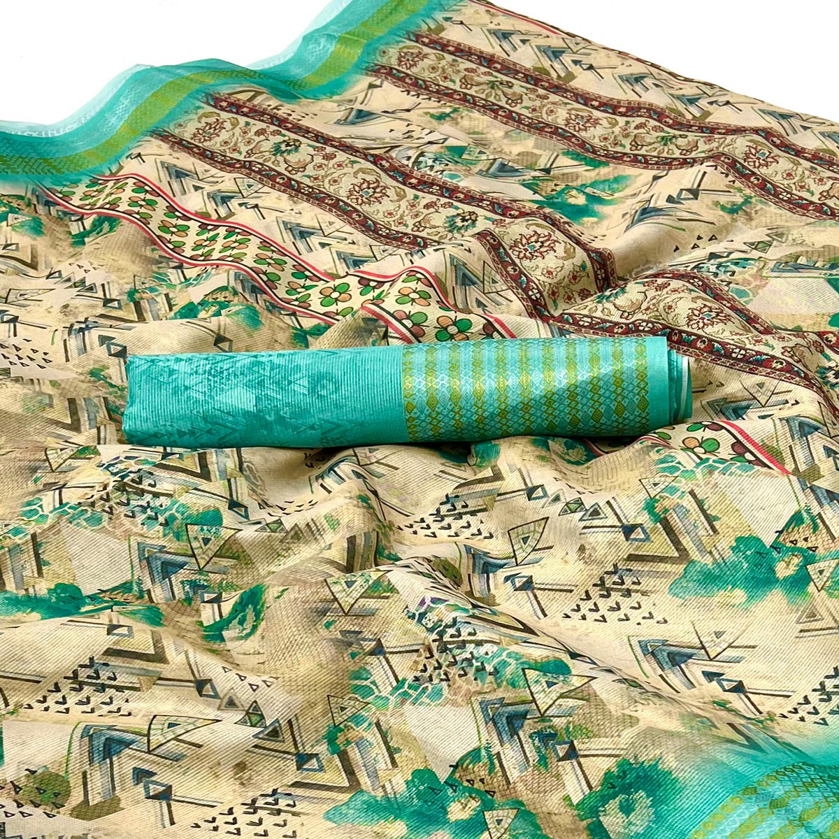 Off White & Turquoise Digital Printed Cotton Blend Saree