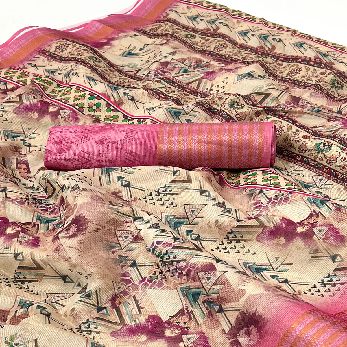 Off White & Pink Digital Printed Cotton Blend Saree