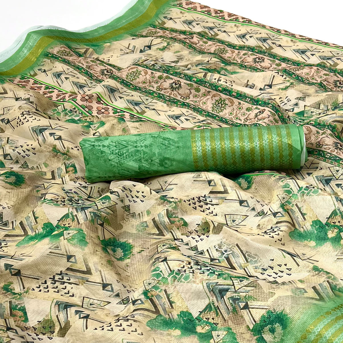 Off White & Green Digital Printed Cotton Blend Saree