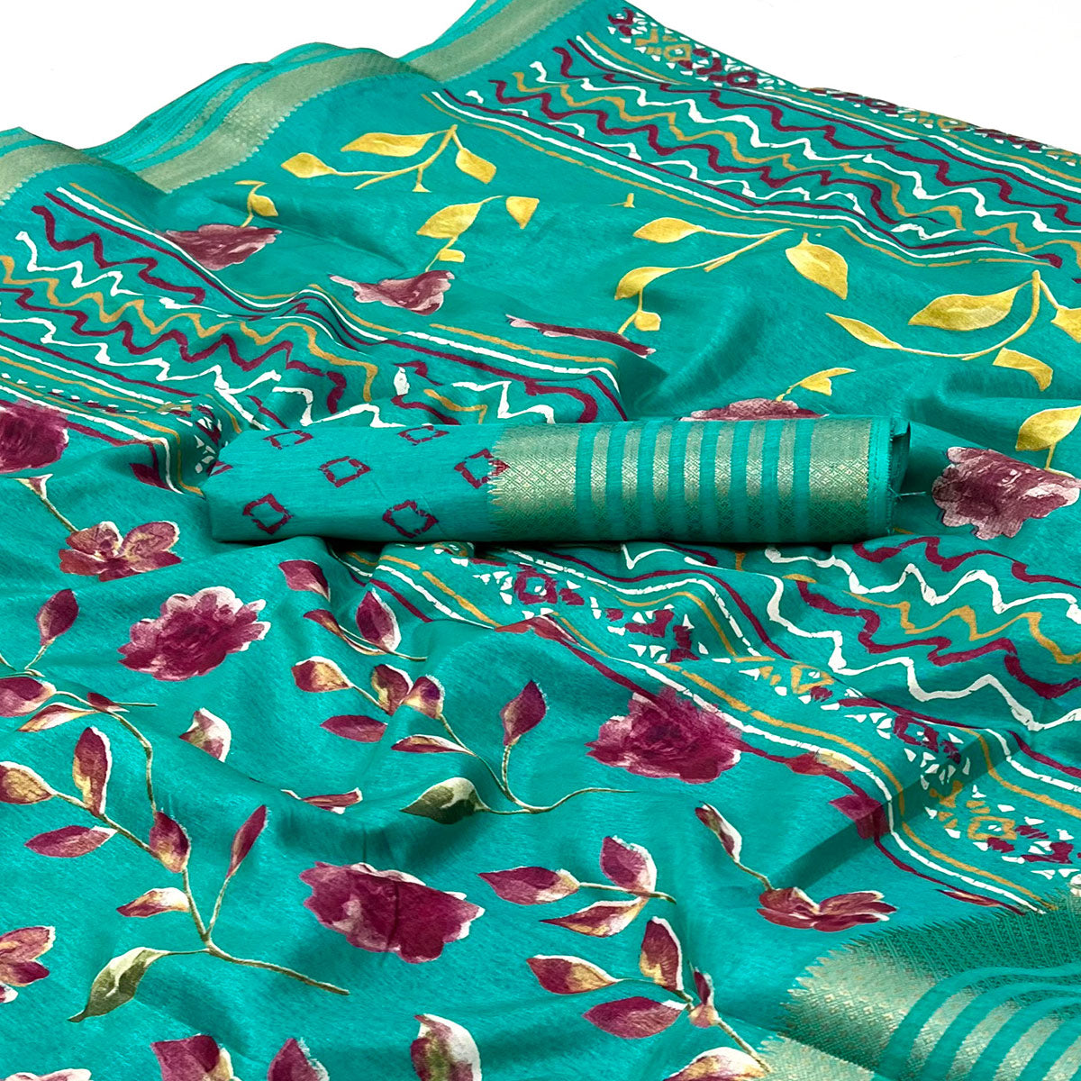 Turquoise Floral Digital Printed Dola Silk Saree