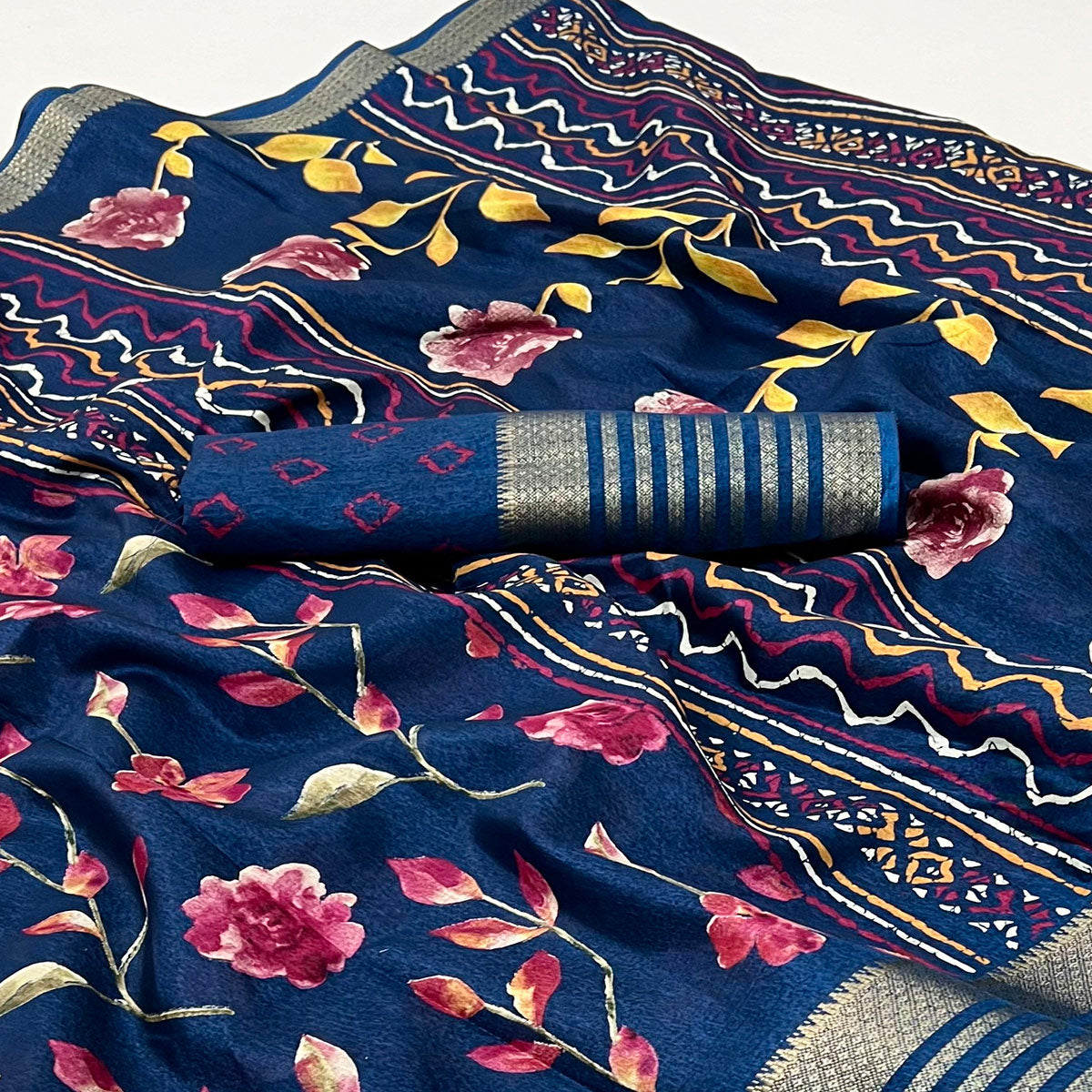 Blue Floral Digital Printed Dola Silk Saree