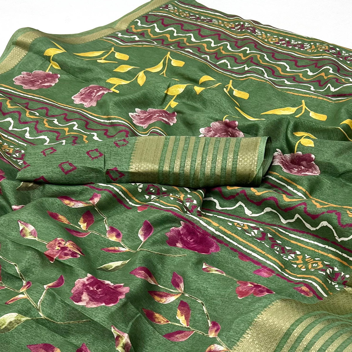 Green Floral Digital Printed Dola Silk Saree