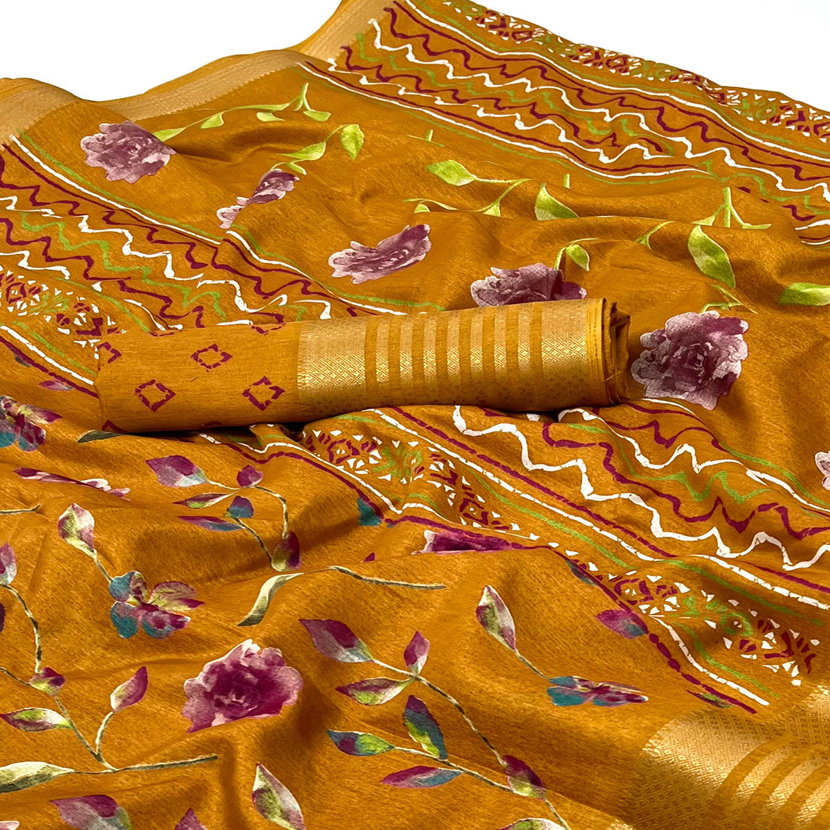 Mustard Floral Digital Printed Dola Silk Saree