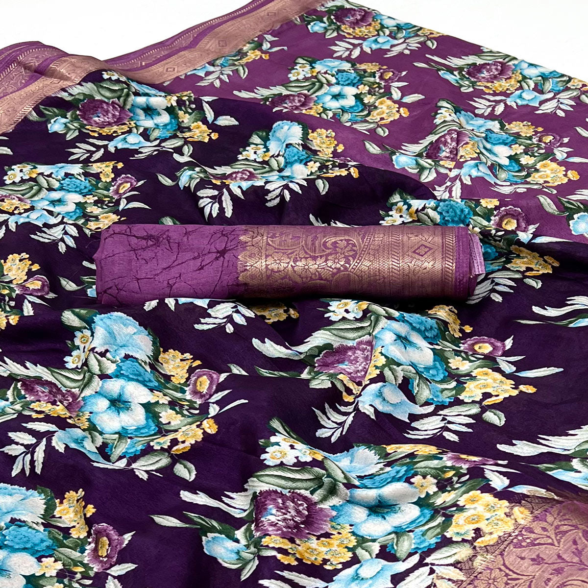 Purple Floral Digital Printed Dola Silk Saree