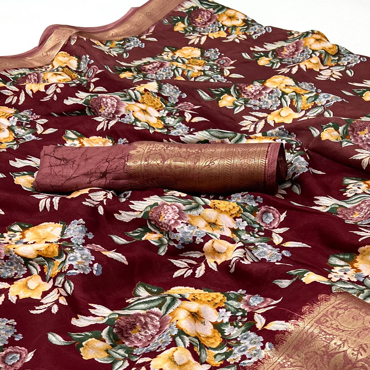 Maroon Floral Digital Printed Dola Silk Saree