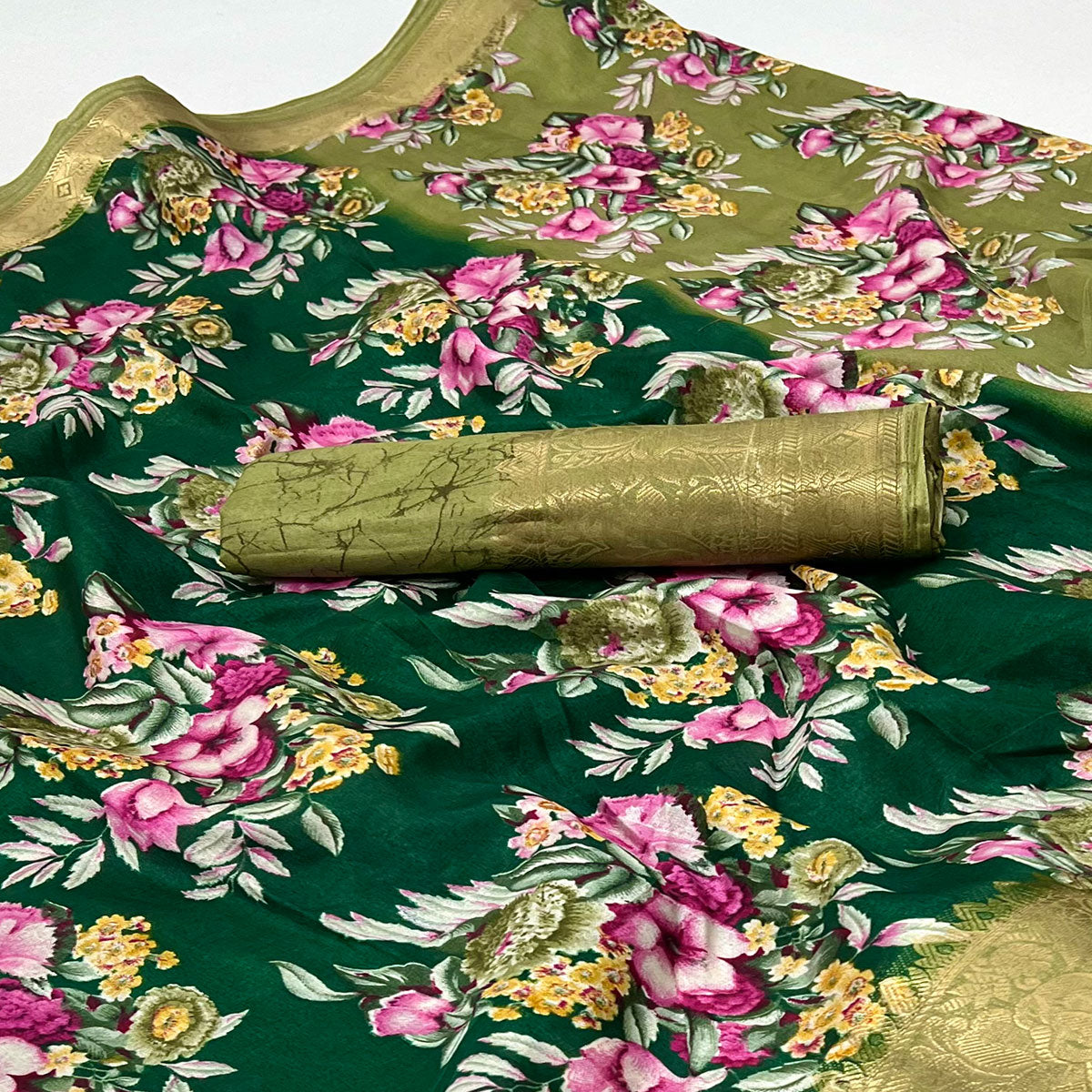 Green Floral Digital Printed Dola Silk Saree