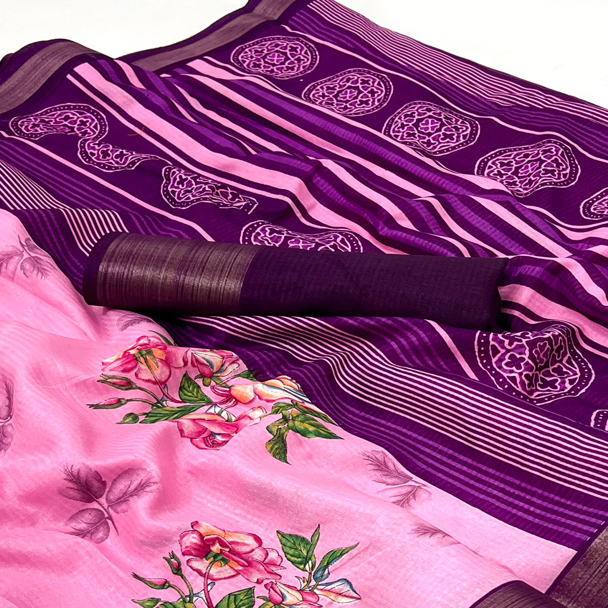 Pink Floral Digital Printed Cotton Blend Saree