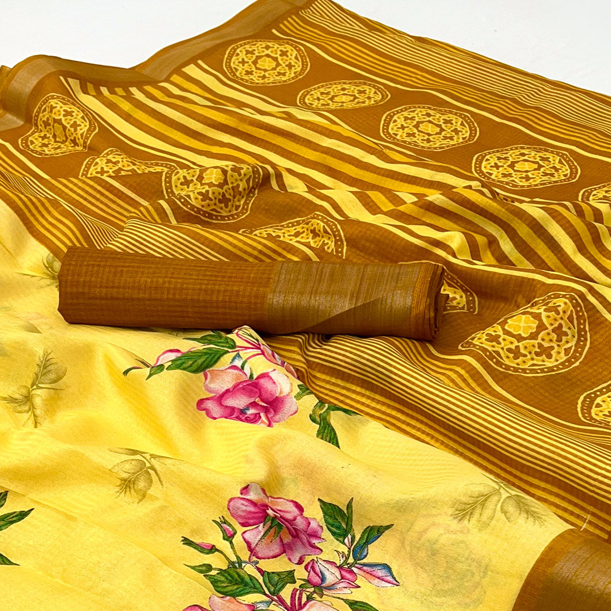 Yellow Floral Digital Printed Cotton Blend Saree
