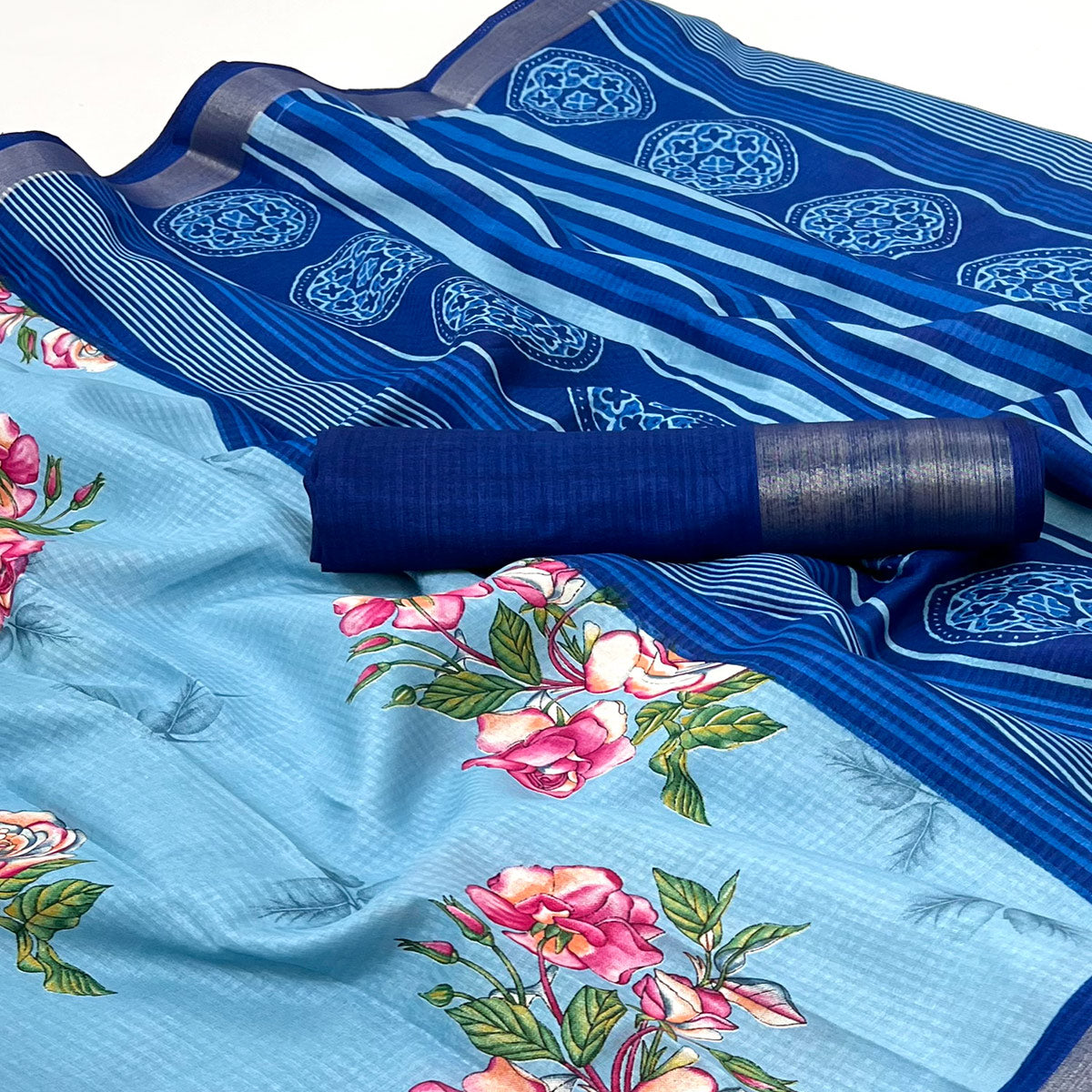 Blue Floral Digital Printed Cotton Blend Saree