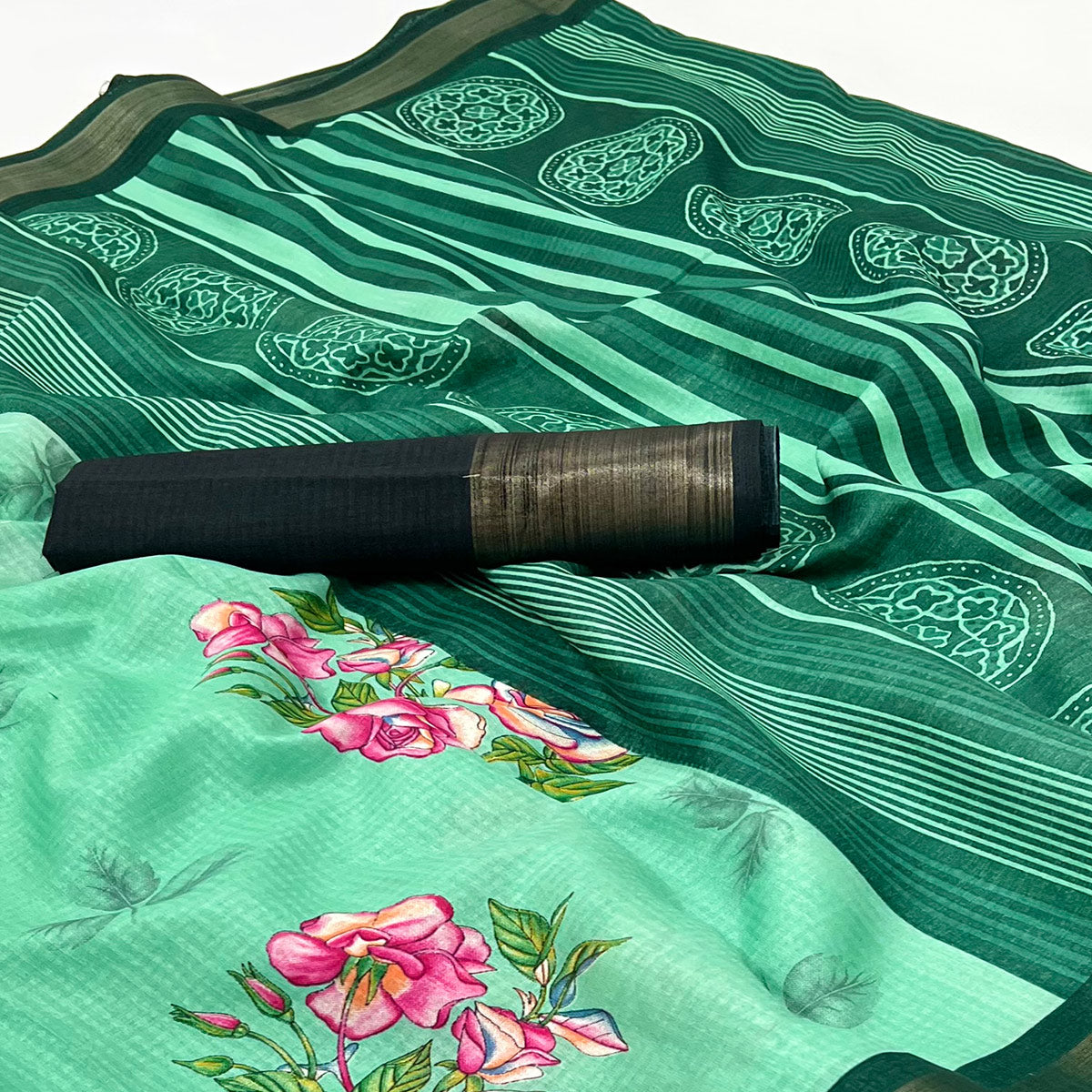Sea Green Floral Digital Printed Cotton Blend Saree