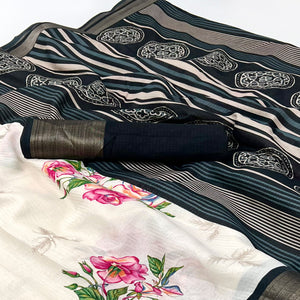 White Floral Digital Printed Cotton Blend Saree