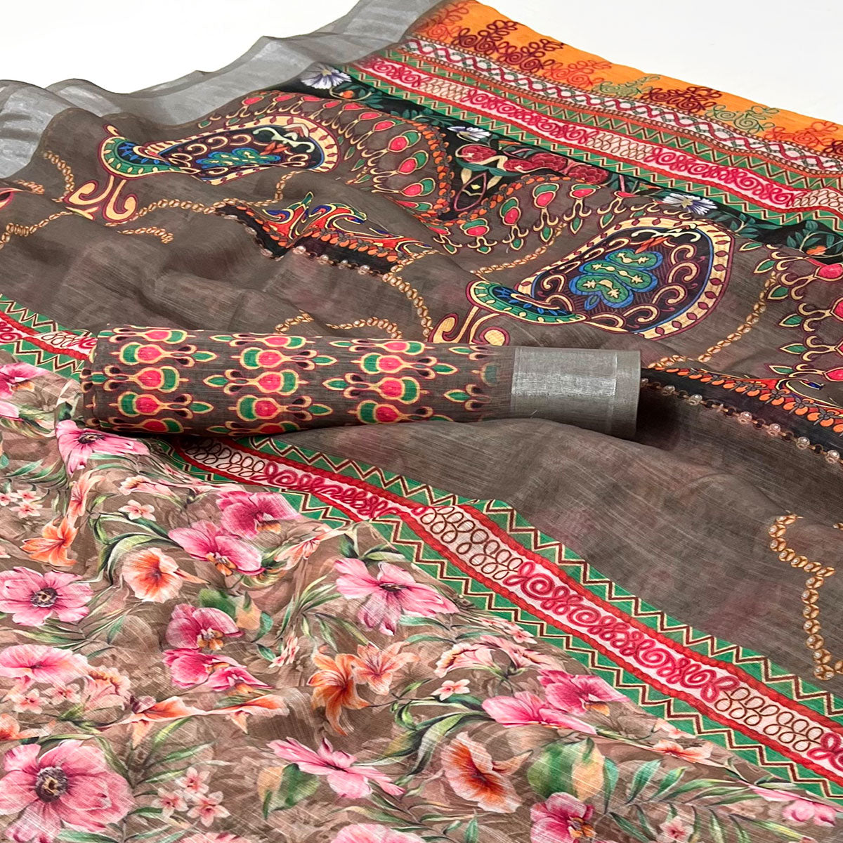 Brown Floral Digital Printed Linen Saree