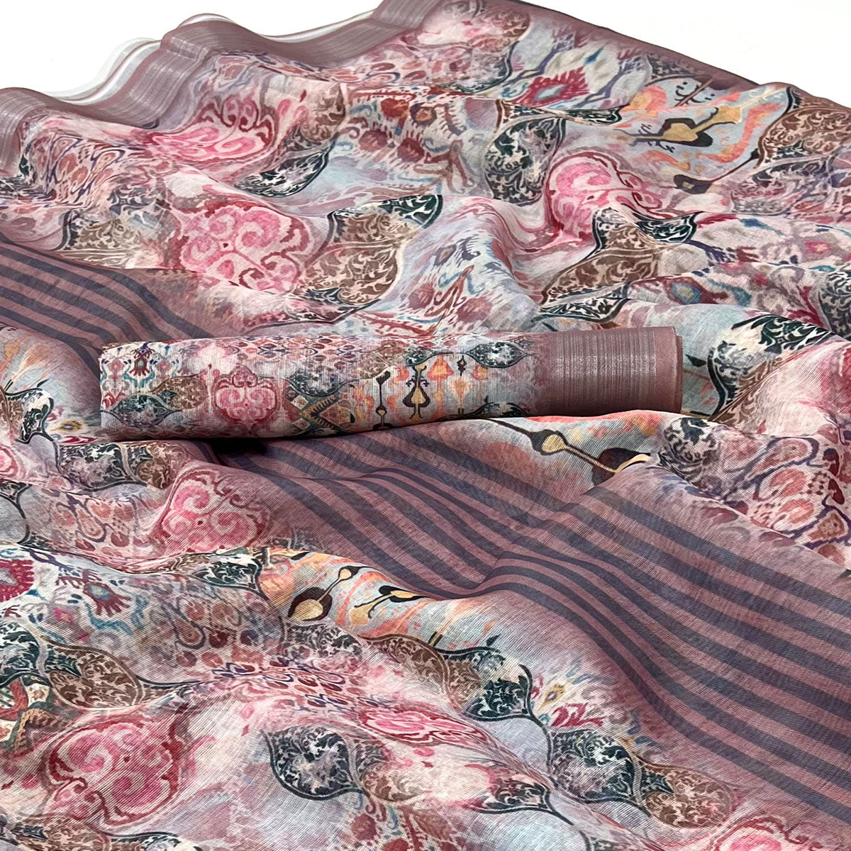 Peach Floral Digital Printed Linen Saree